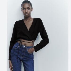 Zara Tie Waist Wrap crop shirt black size Large NEW @E